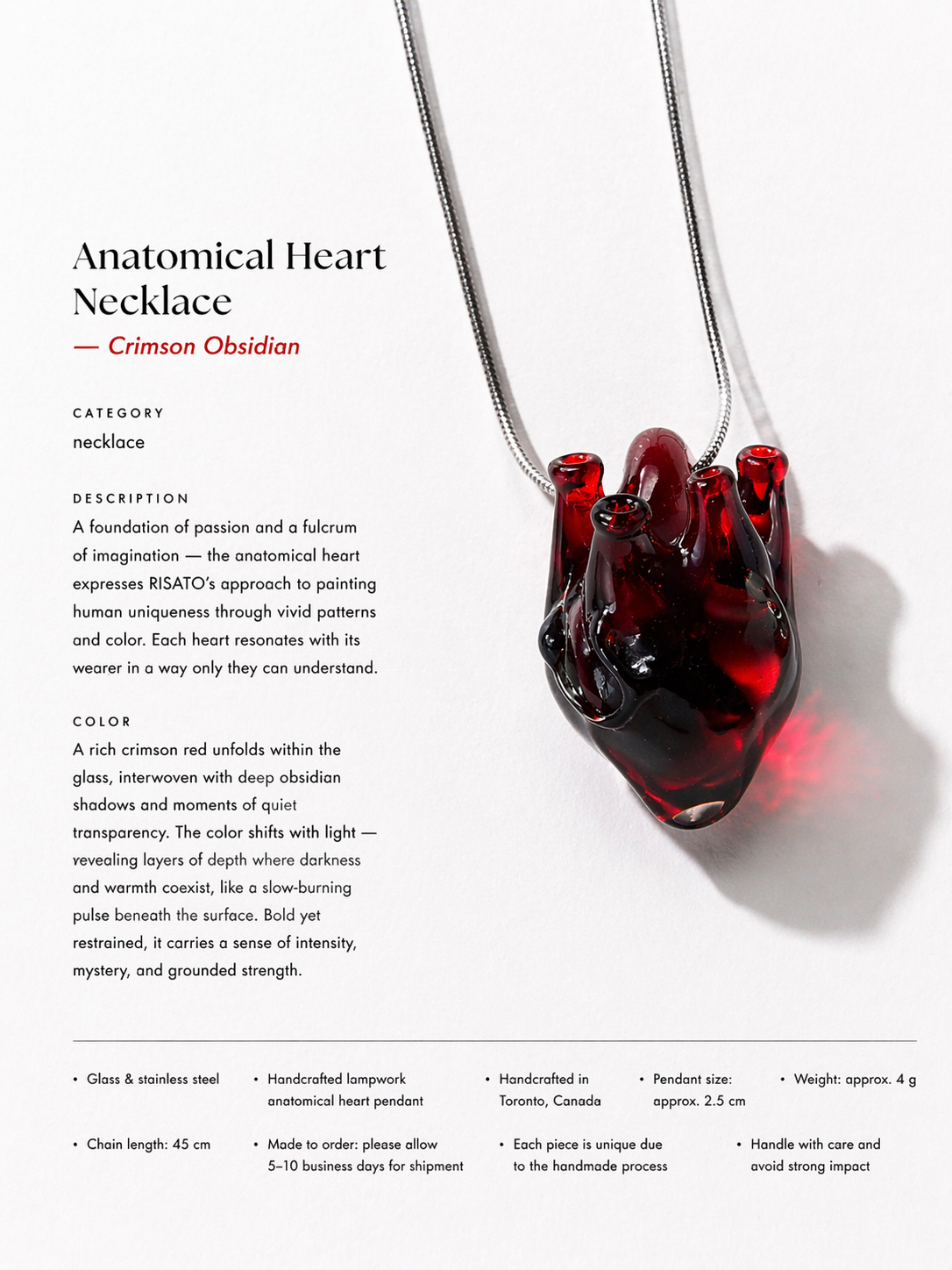 Anatomical Heart Necklace — Crimson Obsidian